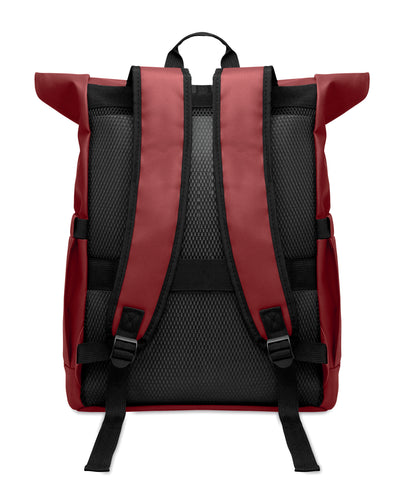 Rolltop-Rucksack aus PU-beschichtetem 600D RPET-Polyester und RPET-Polyesterfutter. 15'' Laptop-Fach. Gepolsterter Netzrücken mit