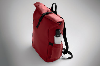 Rolltop-Rucksack aus PU-beschichtetem 600D RPET-Polyester und RPET-Polyesterfutter. 15'' Laptop-Fach. Gepolsterter Netzrücken mit