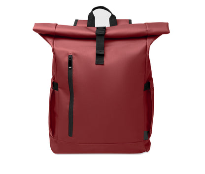 Rolltop-Rucksack aus PU-beschichtetem 600D RPET-Polyester und RPET-Polyesterfutter. 15'' Laptop-Fach. Gepolsterter Netzrücken mit