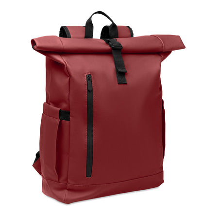 Rolltop-Rucksack aus PU-beschichtetem 600D RPET-Polyester und RPET-Polyesterfutter. 15'' Laptop-Fach. Gepolsterter Netzrücken mit