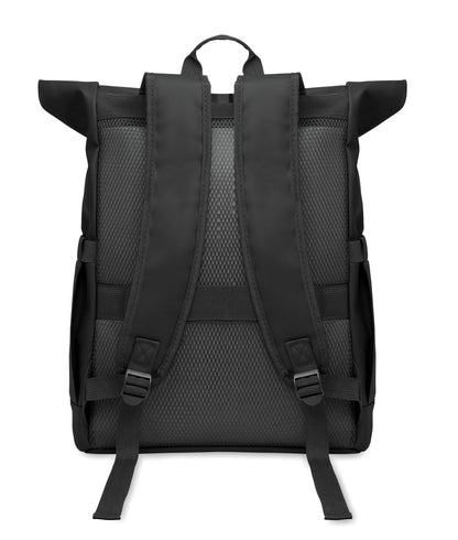 Rolltop-Rucksack aus PU-beschichtetem 600D RPET-Polyester und RPET-Polyesterfutter. 15'' Laptop-Fach. Gepolsterter Netzrücken mit