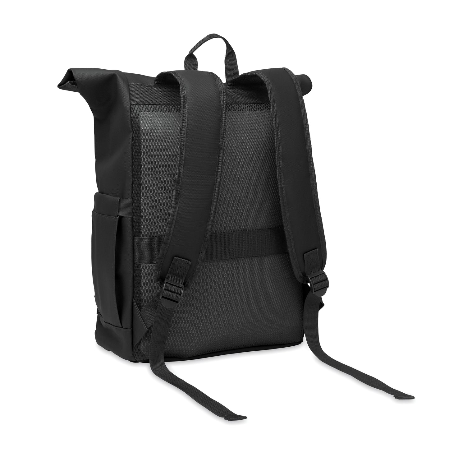 Rolltop-Rucksack aus PU-beschichtetem 600D RPET-Polyester und RPET-Polyesterfutter. 15'' Laptop-Fach. Gepolsterter Netzrücken mit