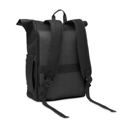 Rolltop-Rucksack aus PU-beschichtetem 600D RPET-Polyester und RPET-Polyesterfutter. 15'' Laptop-Fach. Gepolsterter Netzrücken mit