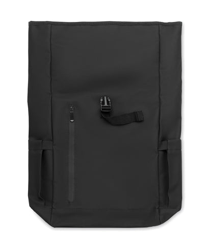 Rolltop-Rucksack aus PU-beschichtetem 600D RPET-Polyester und RPET-Polyesterfutter. 15'' Laptop-Fach. Gepolsterter Netzrücken mit