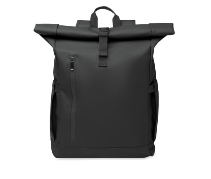 Rolltop-Rucksack aus PU-beschichtetem 600D RPET-Polyester und RPET-Polyesterfutter. 15'' Laptop-Fach. Gepolsterter Netzrücken mit