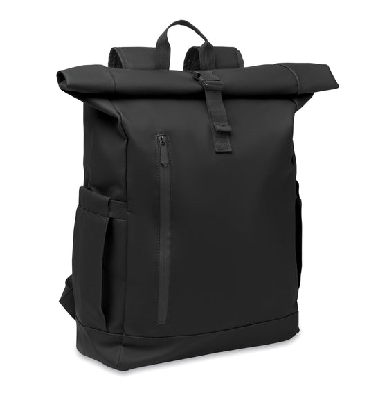 Rolltop-Rucksack aus PU-beschichtetem 600D RPET-Polyester und RPET-Polyesterfutter. 15'' Laptop-Fach. Gepolsterter Netzrücken mit