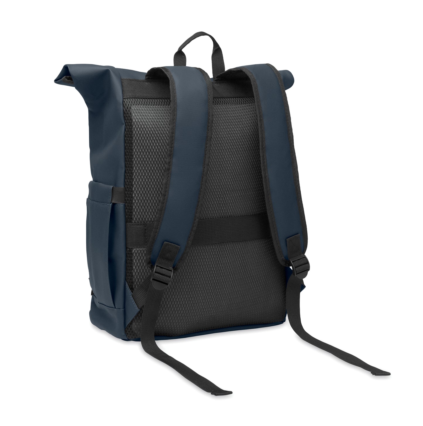 Rolltop-Rucksack aus PU-beschichtetem 600D RPET-Polyester und RPET-Polyesterfutter. 15'' Laptop-Fach. Gepolsterter Netzrücken mit