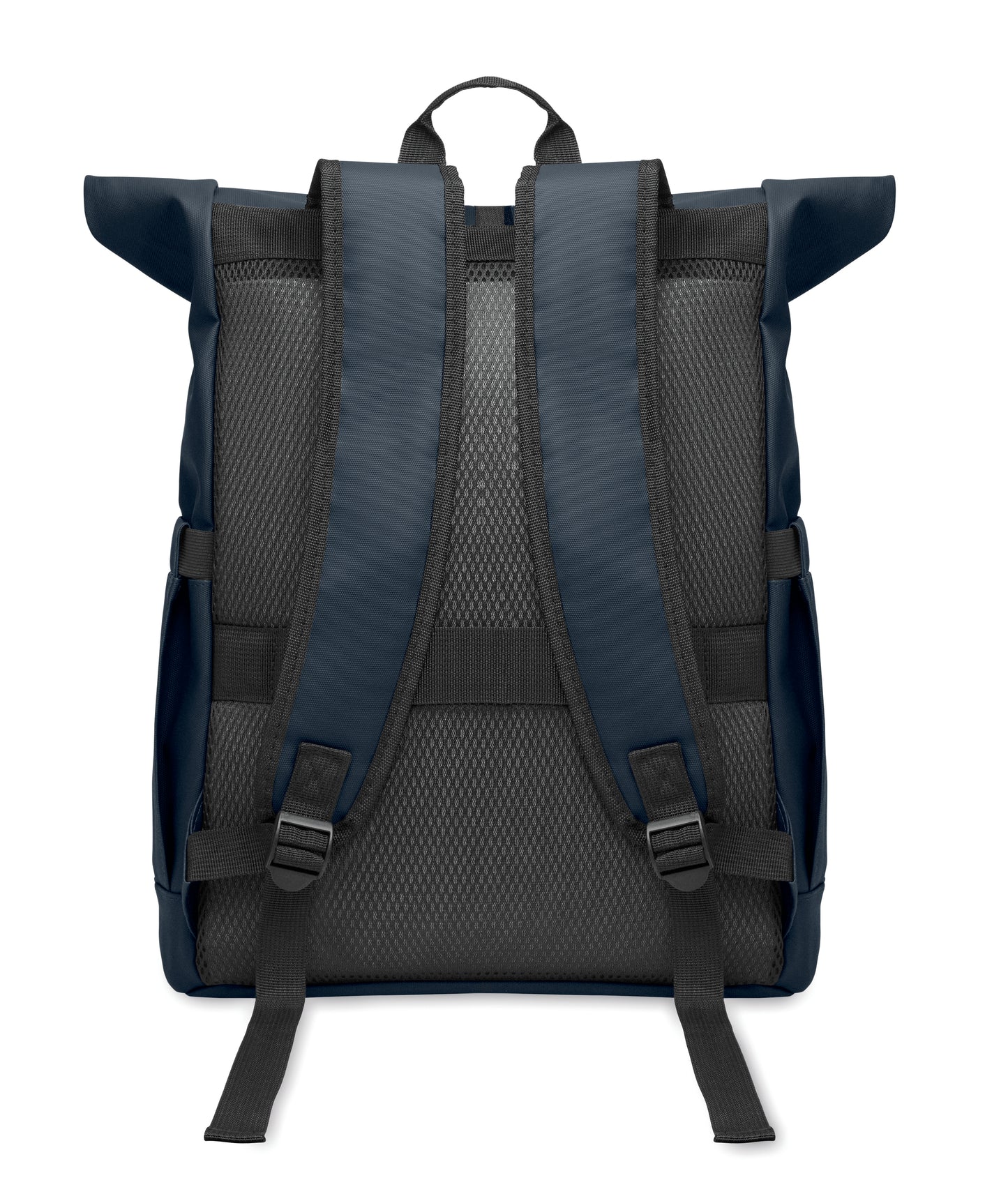Rolltop-Rucksack aus PU-beschichtetem 600D RPET-Polyester und RPET-Polyesterfutter. 15'' Laptop-Fach. Gepolsterter Netzrücken mit