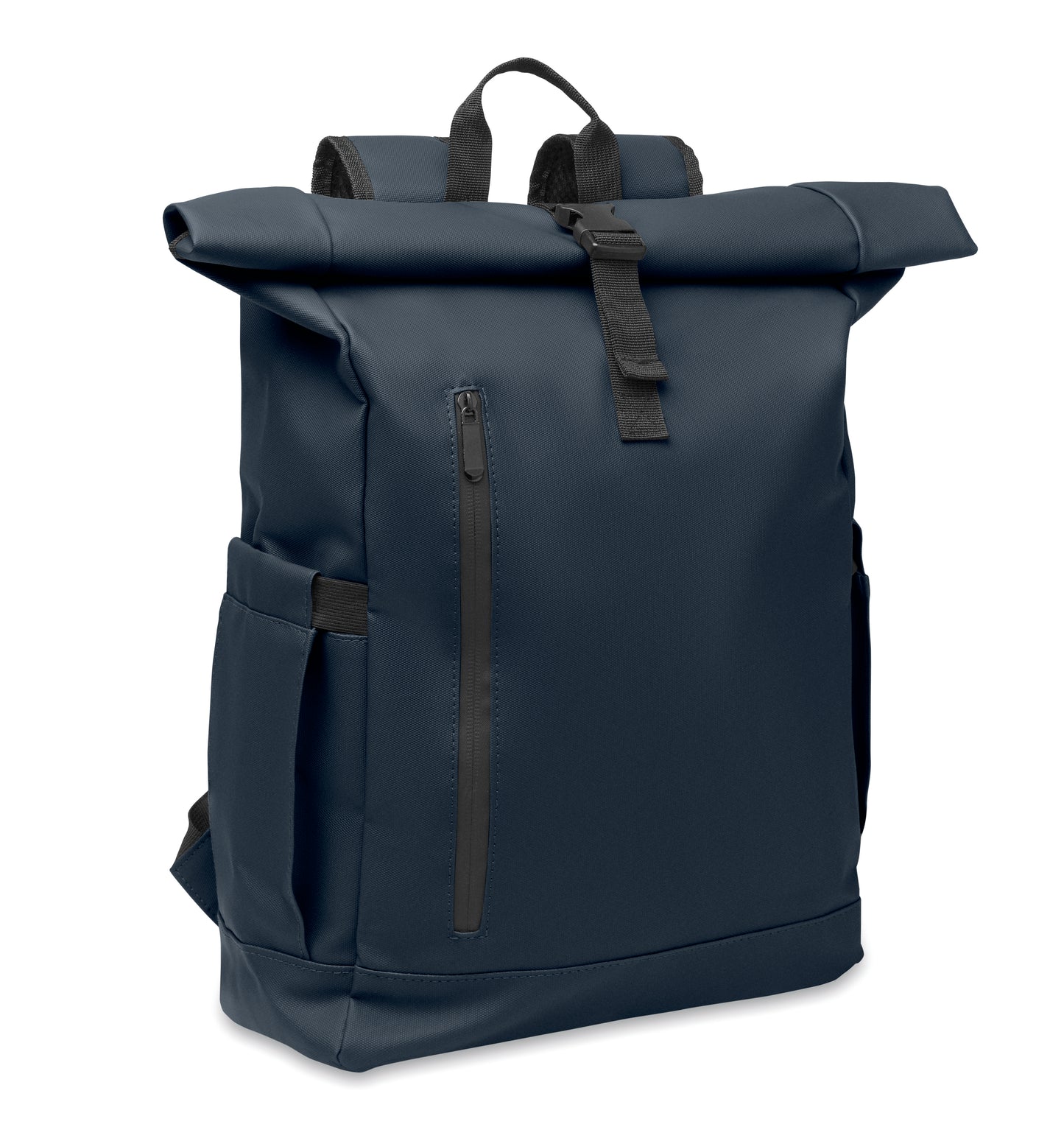 Rolltop-Rucksack aus PU-beschichtetem 600D RPET-Polyester und RPET-Polyesterfutter. 15'' Laptop-Fach. Gepolsterter Netzrücken mit