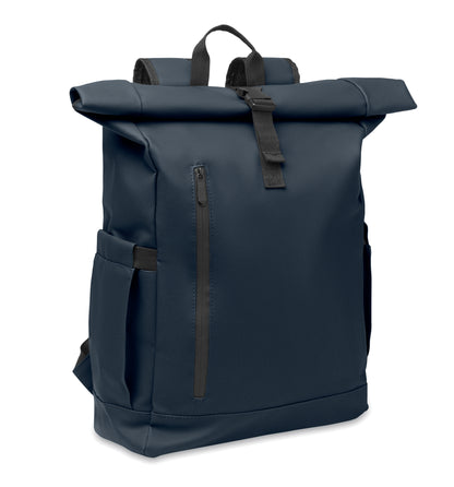 Rolltop-Rucksack aus PU-beschichtetem 600D RPET-Polyester und RPET-Polyesterfutter. 15'' Laptop-Fach. Gepolsterter Netzrücken mit