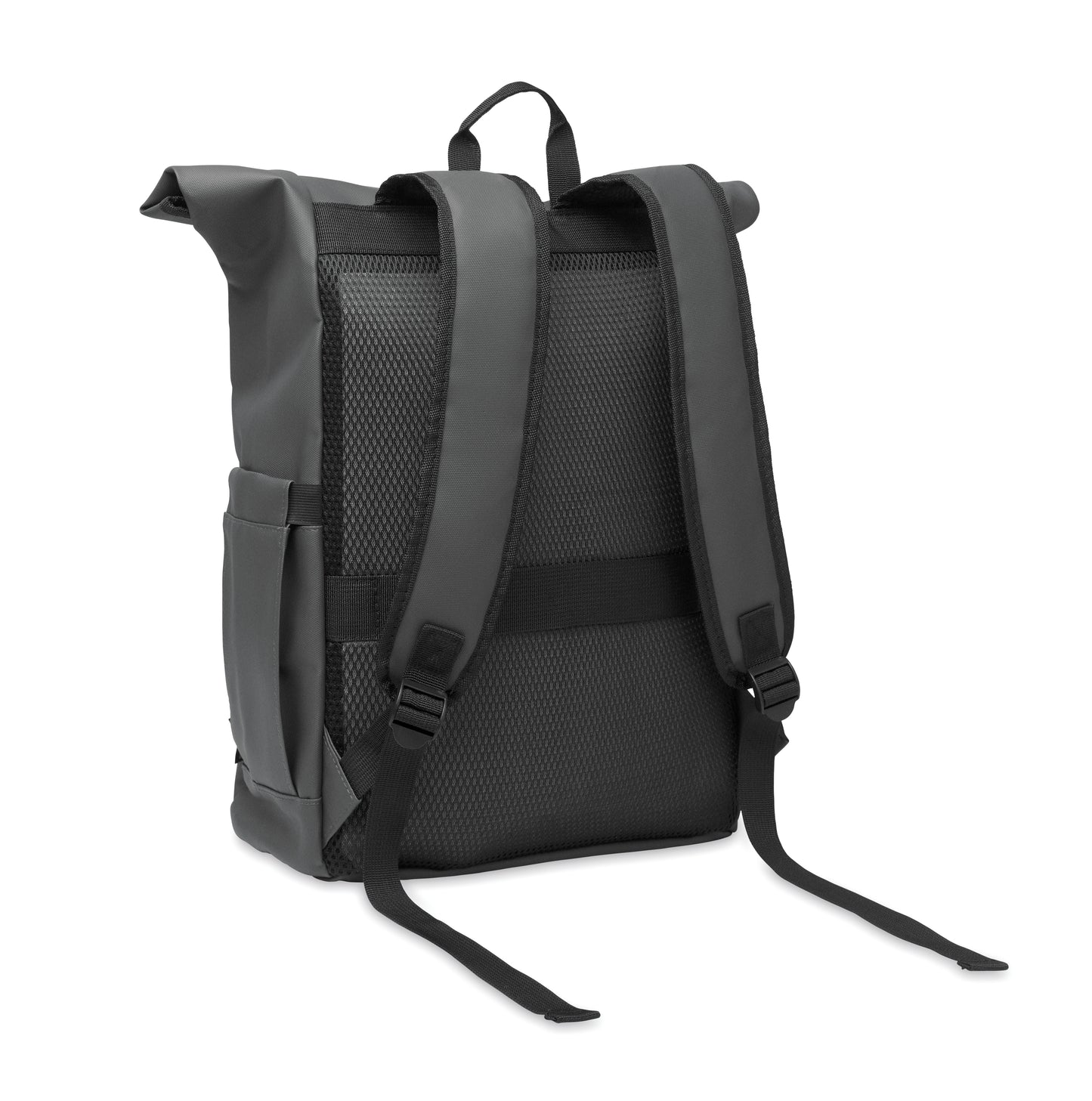 Rolltop-Rucksack aus PU-beschichtetem 600D RPET-Polyester und RPET-Polyesterfutter. 15'' Laptop-Fach. Gepolsterter Netzrücken mit