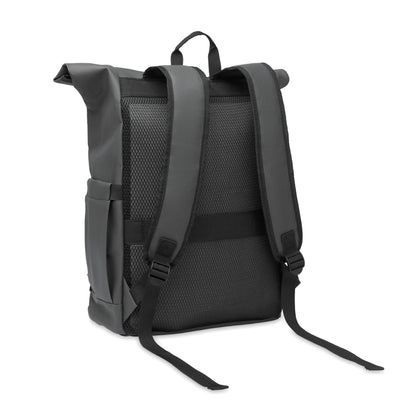Rolltop-Rucksack aus PU-beschichtetem 600D RPET-Polyester und RPET-Polyesterfutter. 15'' Laptop-Fach. Gepolsterter Netzrücken mit