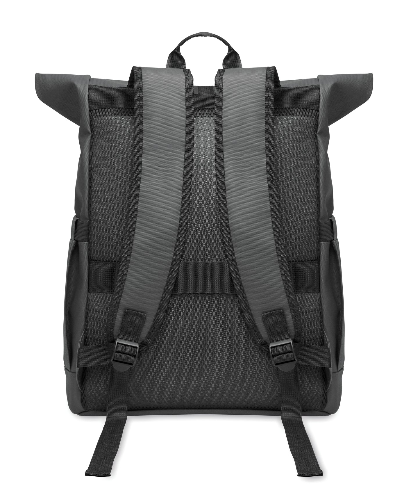 Rolltop-Rucksack aus PU-beschichtetem 600D RPET-Polyester und RPET-Polyesterfutter. 15'' Laptop-Fach. Gepolsterter Netzrücken mit