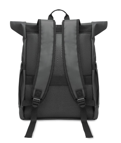 Rolltop-Rucksack aus PU-beschichtetem 600D RPET-Polyester und RPET-Polyesterfutter. 15'' Laptop-Fach. Gepolsterter Netzrücken mit