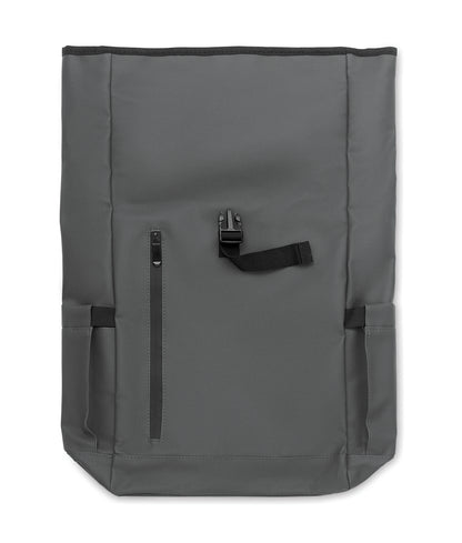 Rolltop-Rucksack aus PU-beschichtetem 600D RPET-Polyester und RPET-Polyesterfutter. 15'' Laptop-Fach. Gepolsterter Netzrücken mit