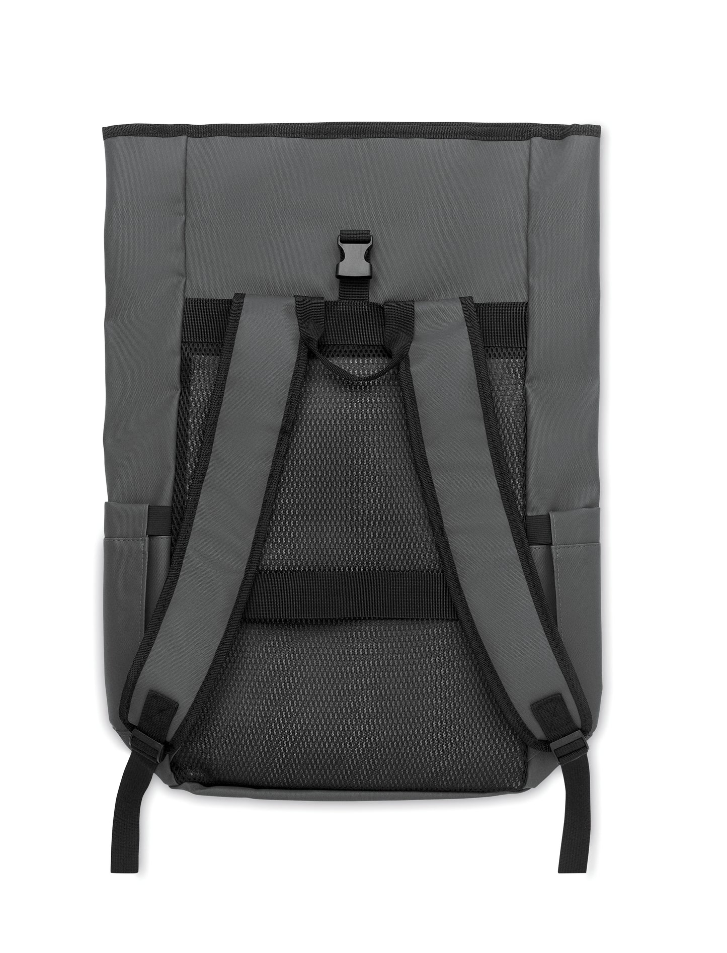 Rolltop-Rucksack aus PU-beschichtetem 600D RPET-Polyester und RPET-Polyesterfutter. 15'' Laptop-Fach. Gepolsterter Netzrücken mit