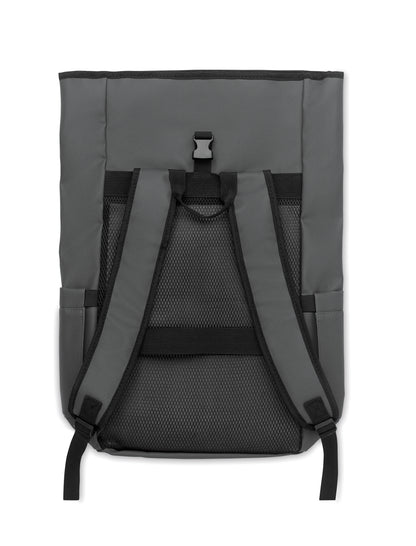 Rolltop-Rucksack aus PU-beschichtetem 600D RPET-Polyester und RPET-Polyesterfutter. 15'' Laptop-Fach. Gepolsterter Netzrücken mit