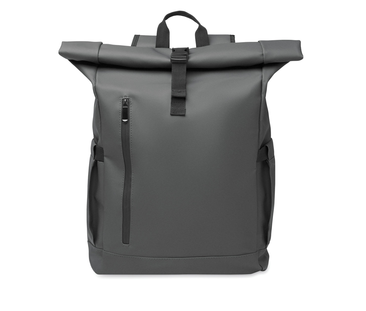 Rolltop-Rucksack aus PU-beschichtetem 600D RPET-Polyester und RPET-Polyesterfutter. 15'' Laptop-Fach. Gepolsterter Netzrücken mit