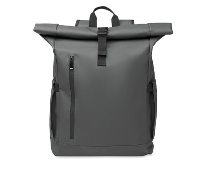 Rolltop-Rucksack aus PU-beschichtetem 600D RPET-Polyester und RPET-Polyesterfutter. 15'' Laptop-Fach. Gepolsterter Netzrücken mit