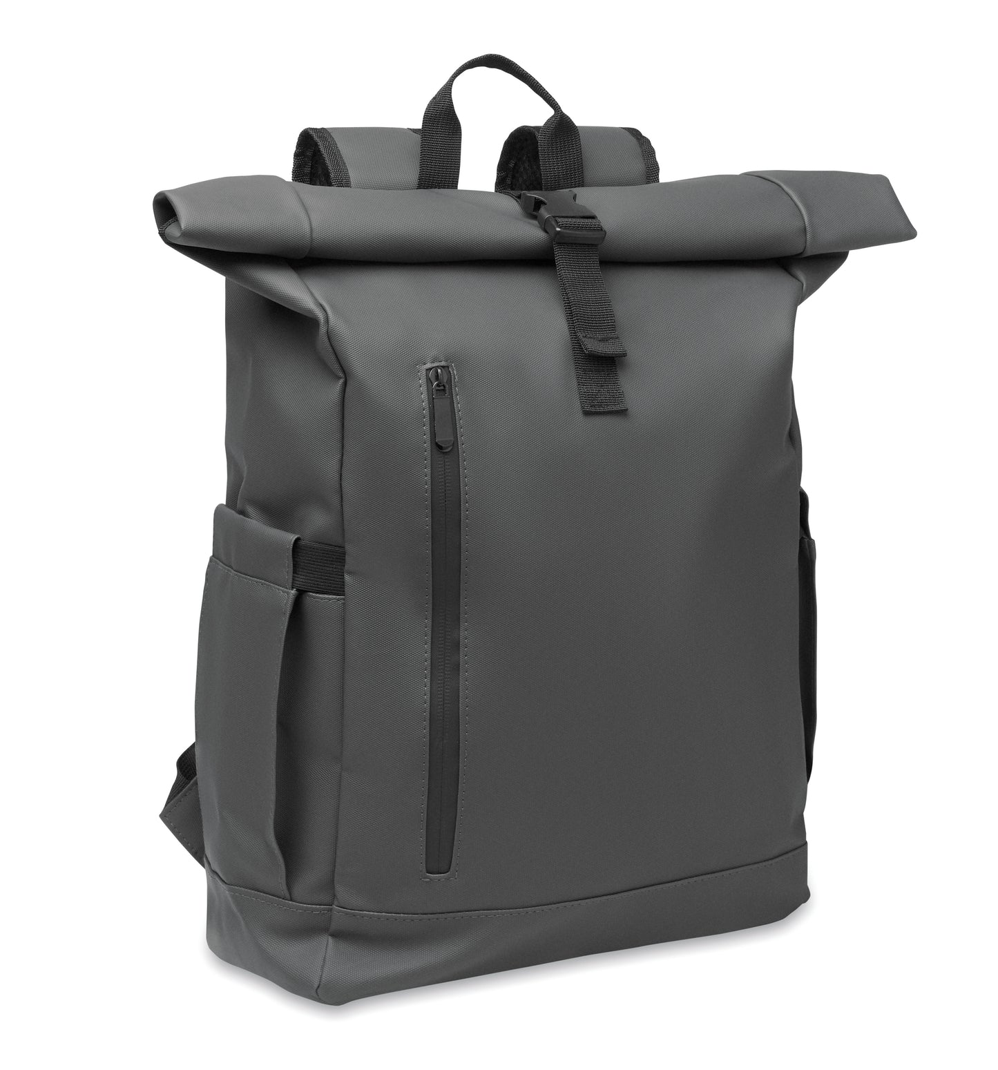 Rolltop-Rucksack aus PU-beschichtetem 600D RPET-Polyester und RPET-Polyesterfutter. 15'' Laptop-Fach. Gepolsterter Netzrücken mit