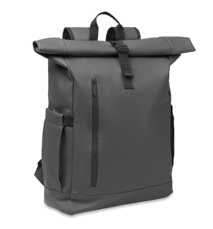 Rolltop-Rucksack aus PU-beschichtetem 600D RPET-Polyester und RPET-Polyesterfutter. 15'' Laptop-Fach. Gepolsterter Netzrücken mit