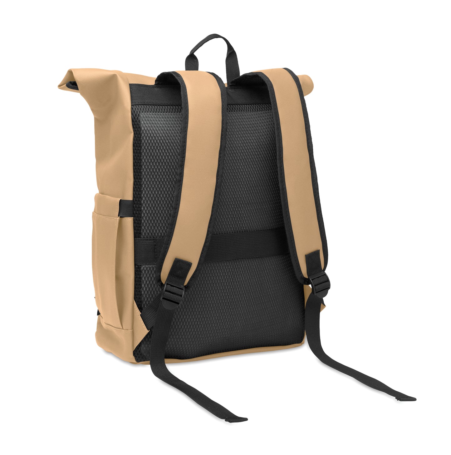 Rolltop-Rucksack aus PU-beschichtetem 600D RPET-Polyester und RPET-Polyesterfutter. 15'' Laptop-Fach. Gepolsterter Netzrücken mit