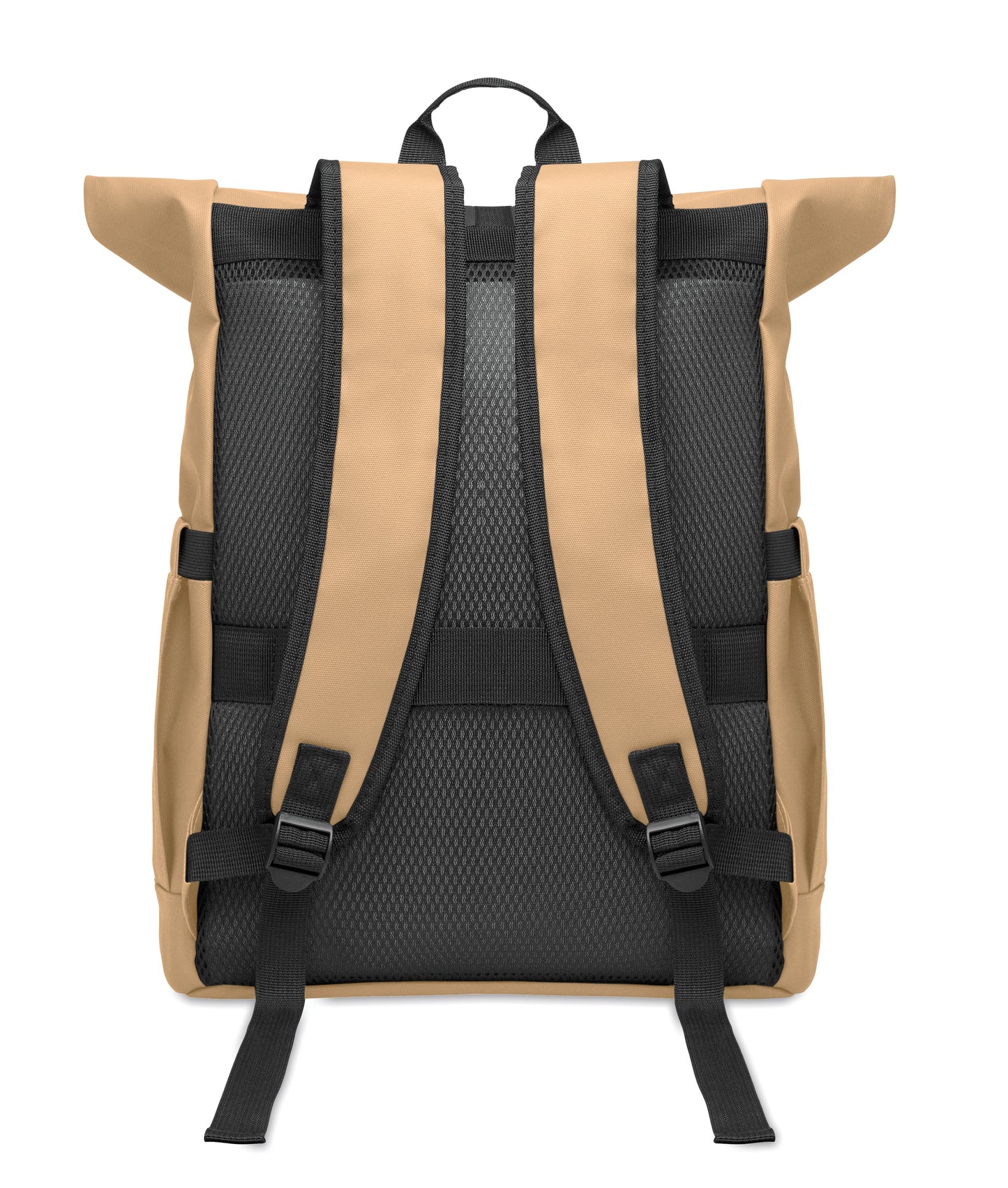 Rolltop-Rucksack aus PU-beschichtetem 600D RPET-Polyester und RPET-Polyesterfutter. 15'' Laptop-Fach. Gepolsterter Netzrücken mit