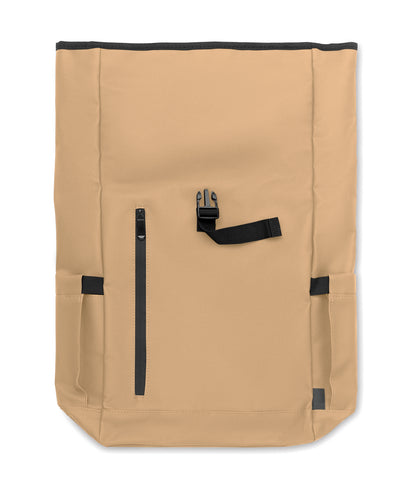 Rolltop-Rucksack aus PU-beschichtetem 600D RPET-Polyester und RPET-Polyesterfutter. 15'' Laptop-Fach. Gepolsterter Netzrücken mit