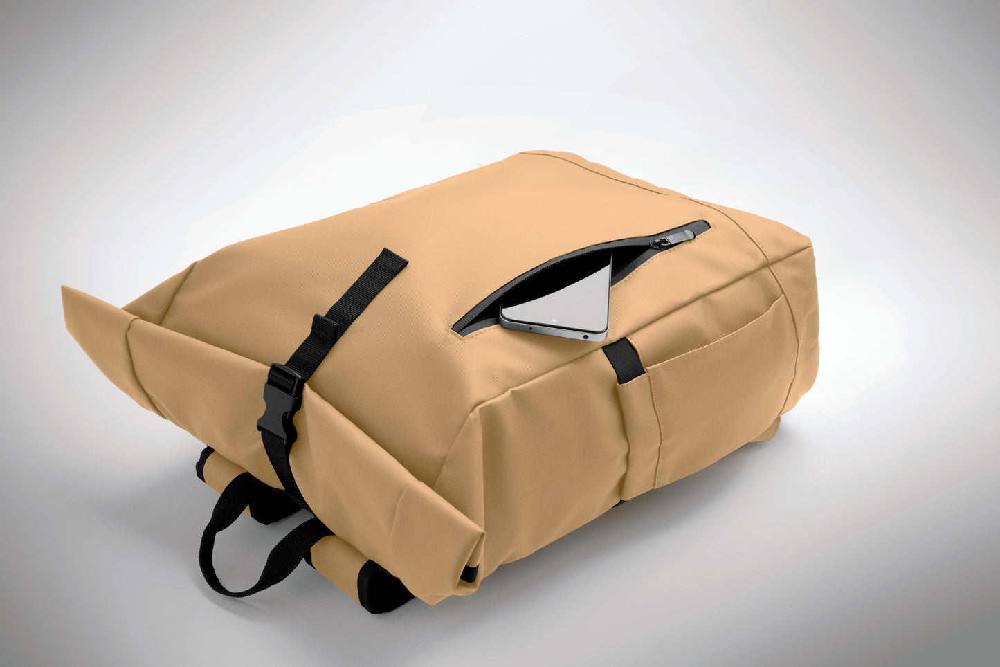 Rolltop-Rucksack aus PU-beschichtetem 600D RPET-Polyester und RPET-Polyesterfutter. 15'' Laptop-Fach. Gepolsterter Netzrücken mit