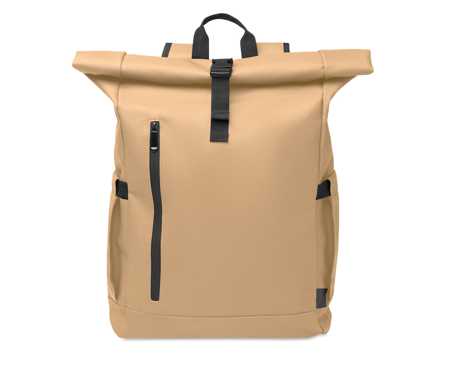 Rolltop-Rucksack aus PU-beschichtetem 600D RPET-Polyester und RPET-Polyesterfutter. 15'' Laptop-Fach. Gepolsterter Netzrücken mit