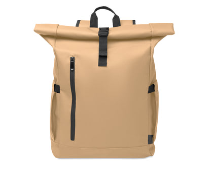 Rolltop-Rucksack aus PU-beschichtetem 600D RPET-Polyester und RPET-Polyesterfutter. 15'' Laptop-Fach. Gepolsterter Netzrücken mit