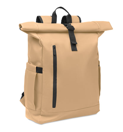 Rolltop-Rucksack aus PU-beschichtetem 600D RPET-Polyester und RPET-Polyesterfutter. 15'' Laptop-Fach. Gepolsterter Netzrücken mit