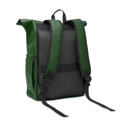 Rolltop-Rucksack aus PU-beschichtetem 600D RPET-Polyester und RPET-Polyesterfutter. 15'' Laptop-Fach. Gepolsterter Netzrücken mit