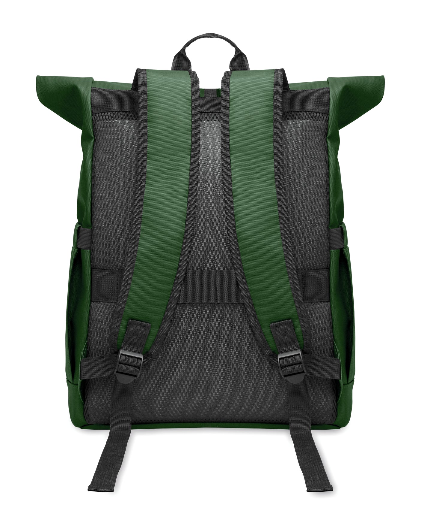 Rolltop-Rucksack aus PU-beschichtetem 600D RPET-Polyester und RPET-Polyesterfutter. 15'' Laptop-Fach. Gepolsterter Netzrücken mit