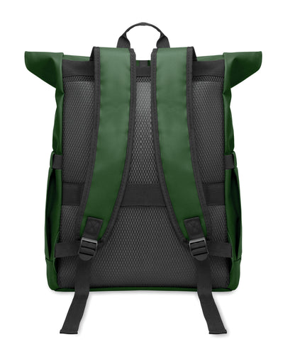 Rolltop-Rucksack aus PU-beschichtetem 600D RPET-Polyester und RPET-Polyesterfutter. 15'' Laptop-Fach. Gepolsterter Netzrücken mit