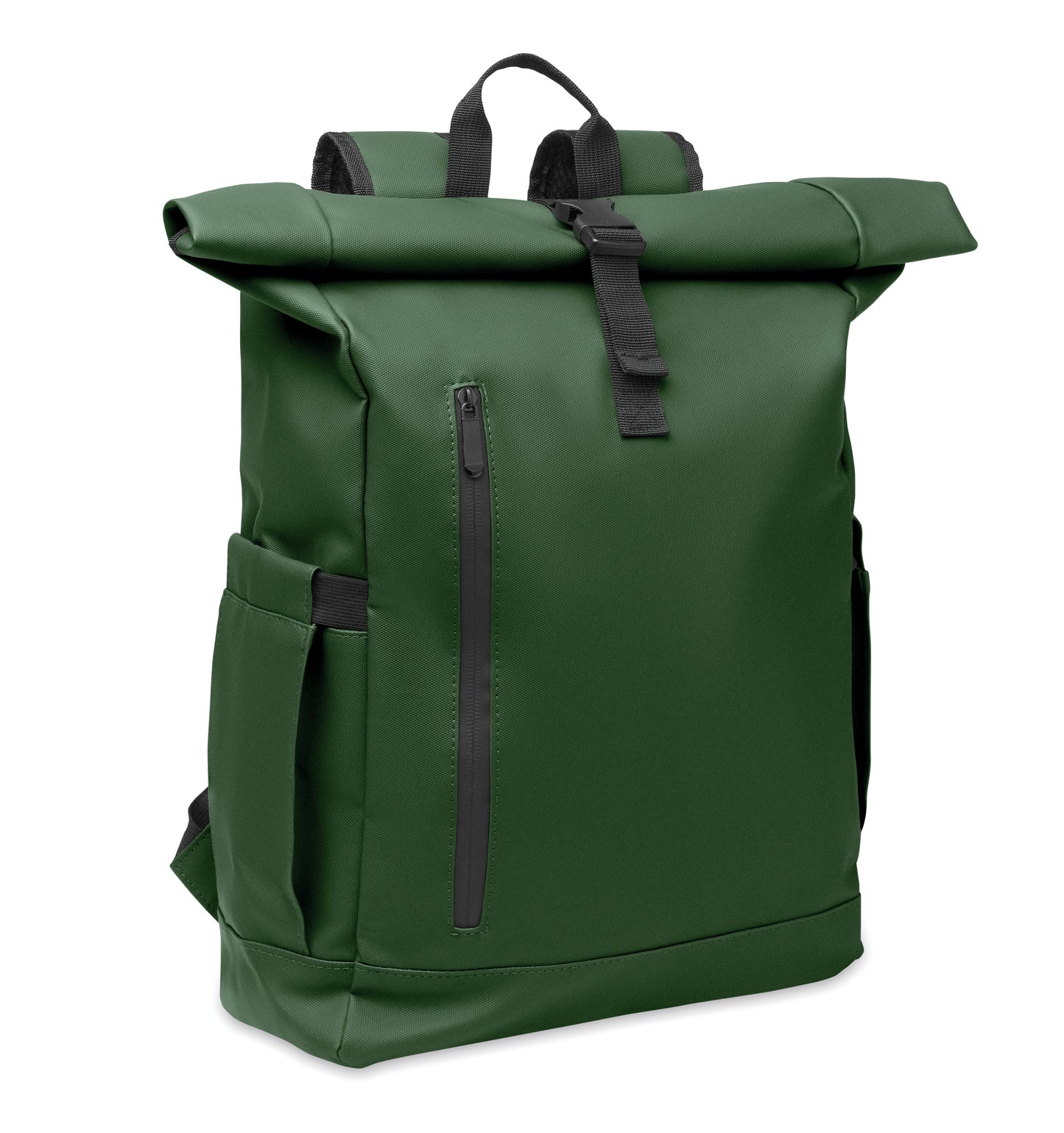 Rolltop-Rucksack aus PU-beschichtetem 600D RPET-Polyester und RPET-Polyesterfutter. 15'' Laptop-Fach. Gepolsterter Netzrücken mit
