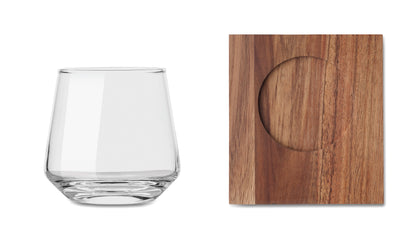 Trinkglas mit Untersetzer aus Akazienholz. Ideal für Whisky oder andere Spirituosen. Füllmenge: