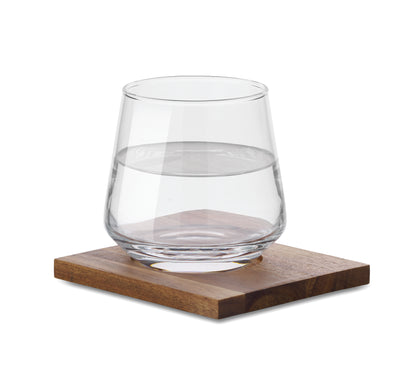 Trinkglas mit Untersetzer aus Akazienholz. Ideal für Whisky oder andere Spirituosen. Füllmenge: