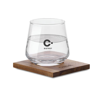Trinkglas mit Untersetzer aus Akazienholz. Ideal für Whisky oder andere Spirituosen. Füllmenge: