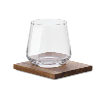 Trinkglas mit Untersetzer aus Akazienholz. Ideal für Whisky oder andere Spirituosen. Füllmenge: