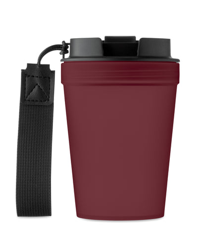 Einwandiger Becher aus PP mit RPET-Polyester-Schlaufe. Auslaufsicher. Füllmenge: 300 ml. Da der