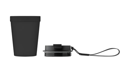 Einwandiger Becher aus PP mit RPET-Polyester-Schlaufe. Auslaufsicher. Füllmenge: 300 ml. Da der