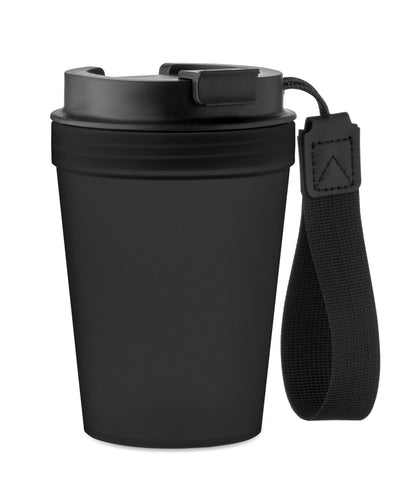 Einwandiger Becher aus PP mit RPET-Polyester-Schlaufe. Auslaufsicher. Füllmenge: 300 ml. Da der