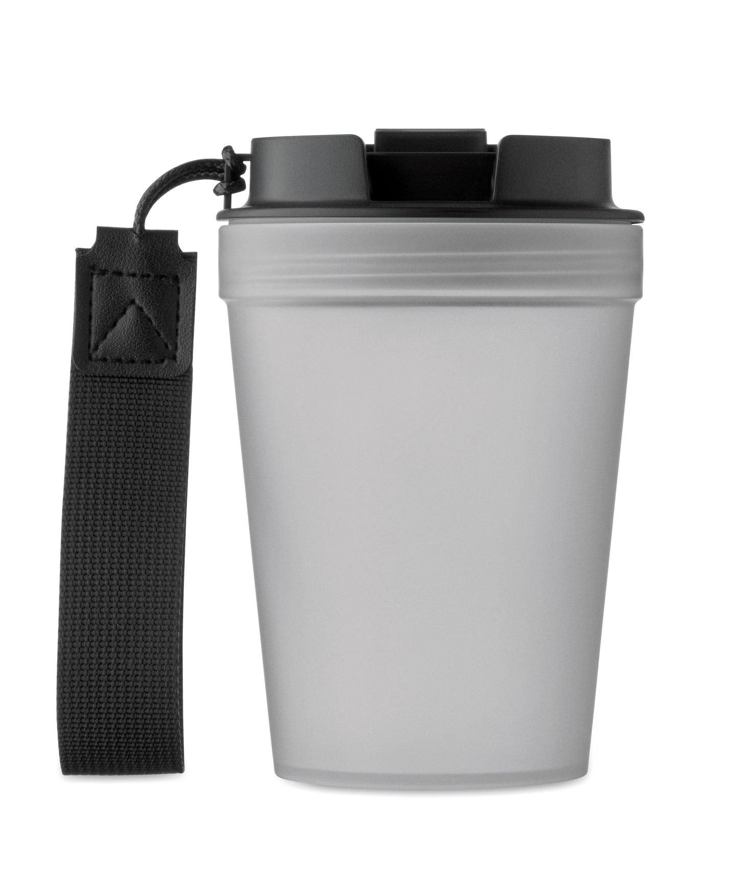 Einwandiger Becher aus PP mit RPET-Polyester-Schlaufe. Auslaufsicher. Füllmenge: 300 ml. Da der