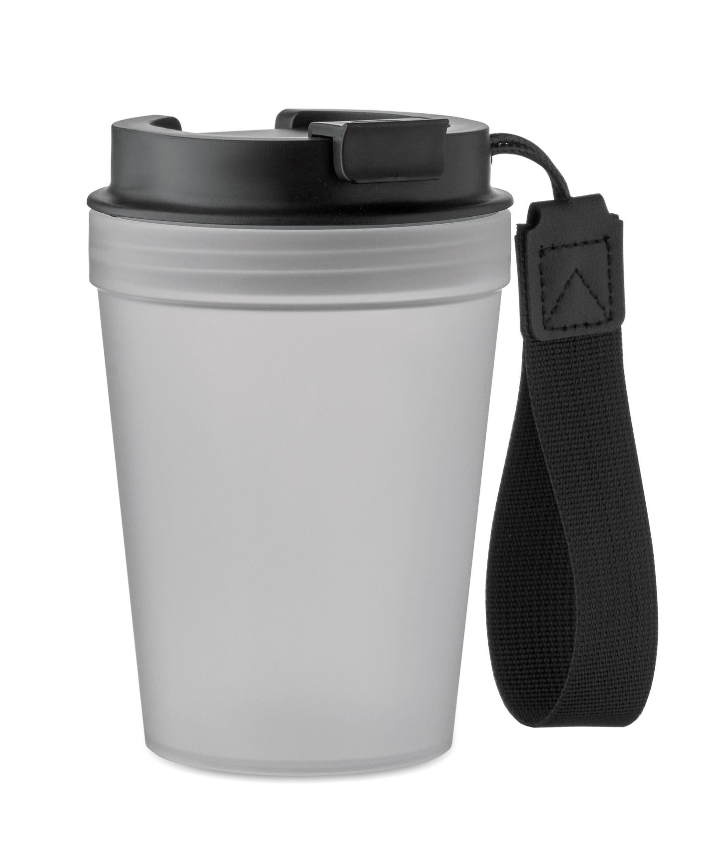 Einwandiger Becher aus PP mit RPET-Polyester-Schlaufe. Auslaufsicher. Füllmenge: 300 ml. Da der