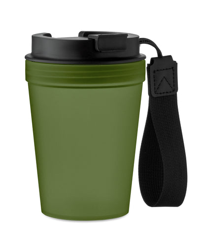Einwandiger Becher aus PP mit RPET-Polyester-Schlaufe. Auslaufsicher. Füllmenge: 300 ml. Da der