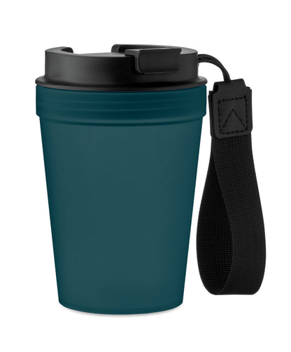 Einwandiger Becher aus PP mit RPET-Polyester-Schlaufe. Auslaufsicher. Füllmenge: 300 ml. Da der