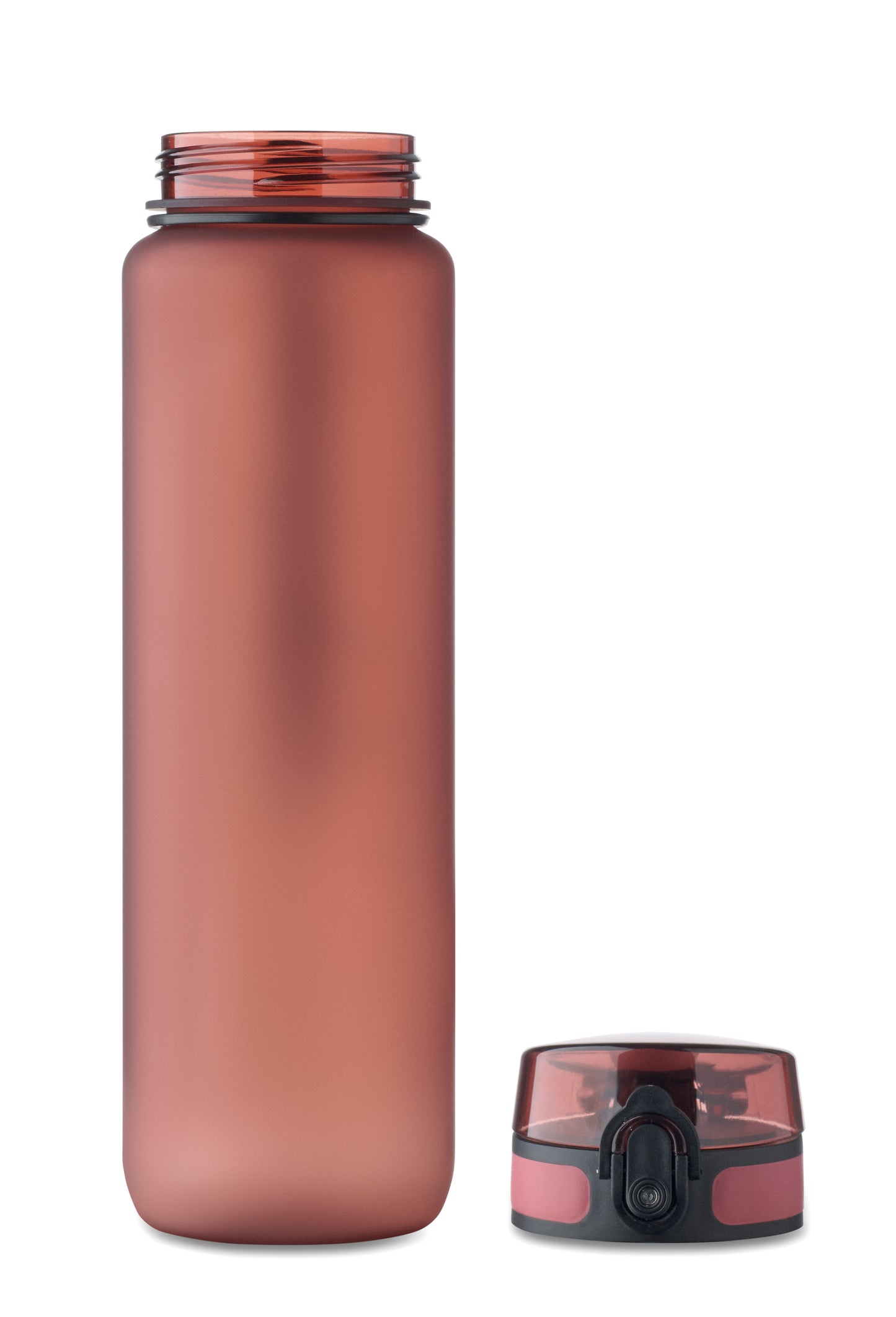 Sport-Trinkflasche aus RPET. Motivierende Zeitmarkierung einhändig zu öffnender Flip-Top-Deckel Sicherheitsverschluss und Trageriemen.
