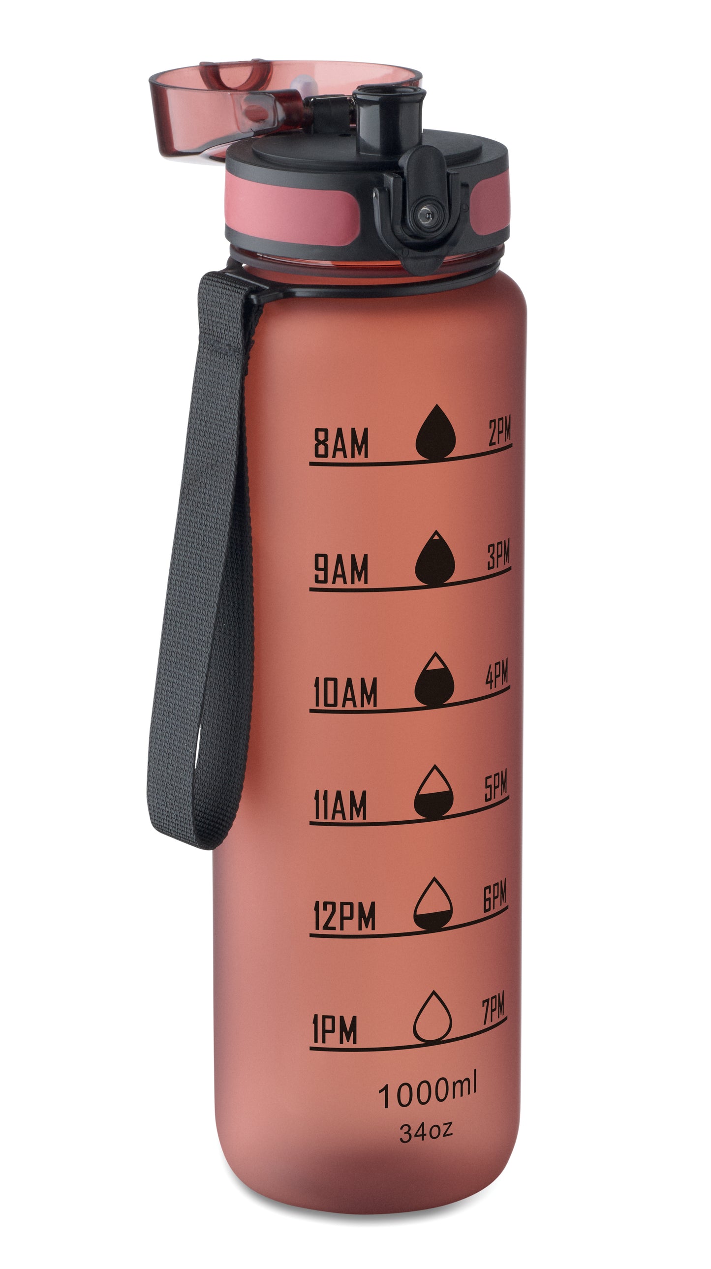 Sport-Trinkflasche aus RPET. Motivierende Zeitmarkierung einhändig zu öffnender Flip-Top-Deckel Sicherheitsverschluss und Trageriemen.