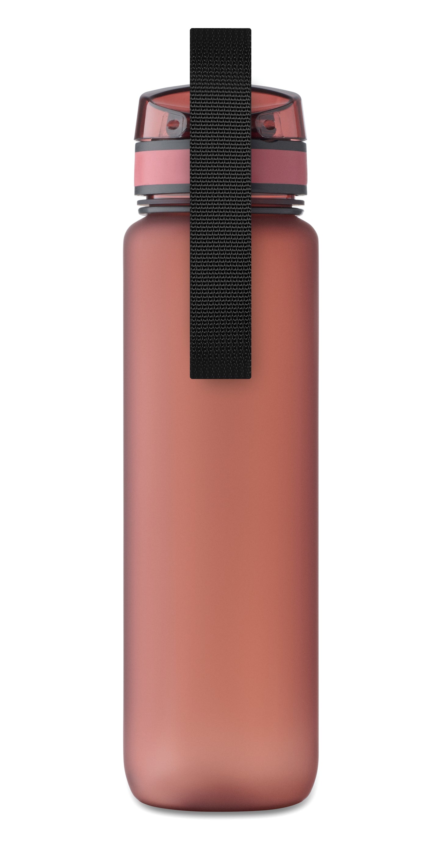 Sport-Trinkflasche aus RPET. Motivierende Zeitmarkierung einhändig zu öffnender Flip-Top-Deckel Sicherheitsverschluss und Trageriemen.